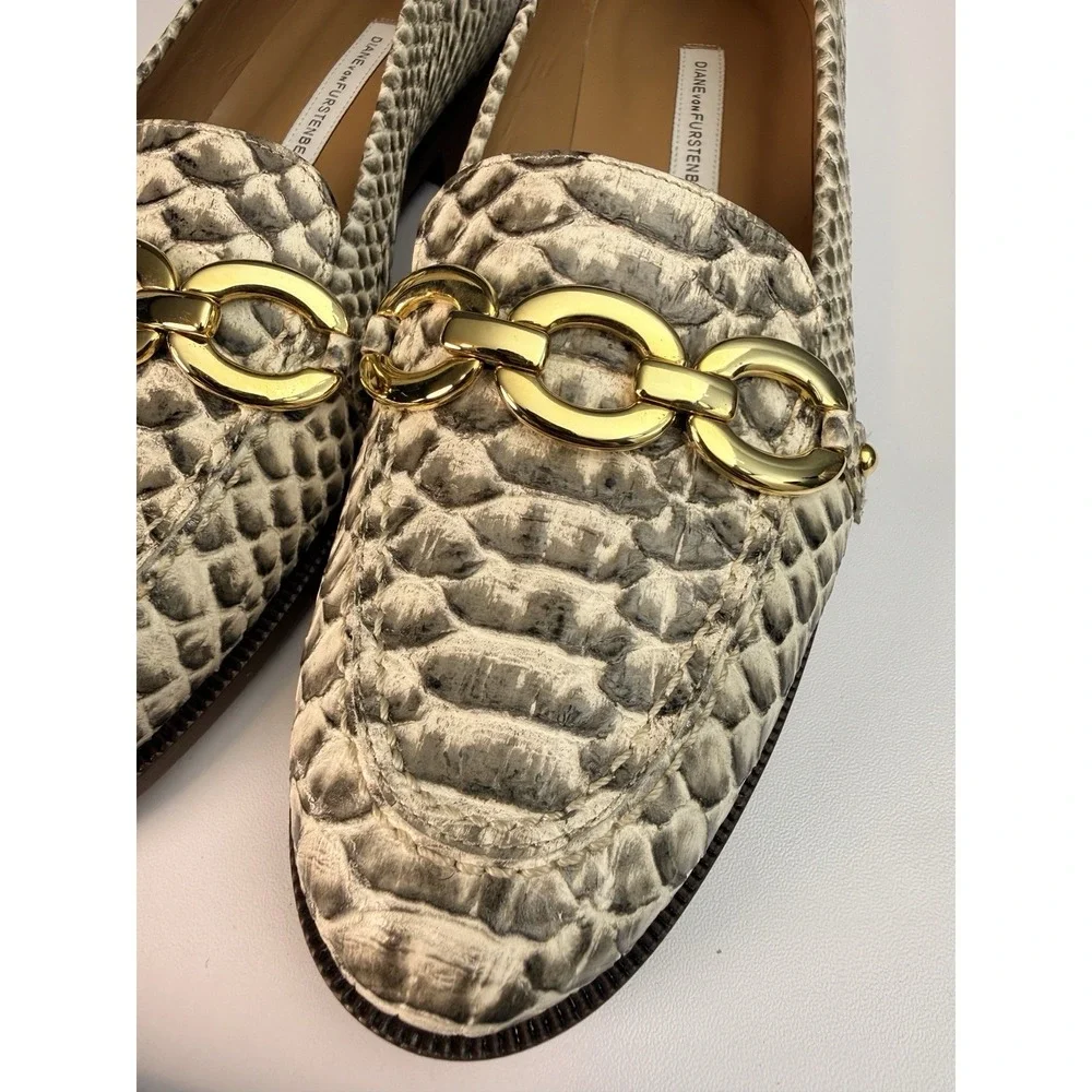 Diane Von Furstenberg Zoya Loafer Snake Embossed Leather Gold Chain Sz US 7